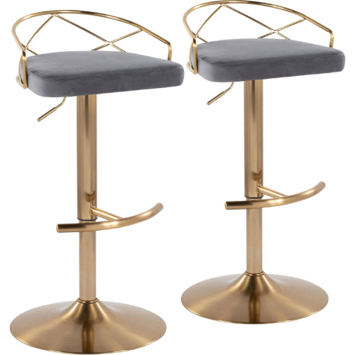 Charlotte Adjustable Swivel Bar Stool in Gold & Grey Velvet (Set of 2)